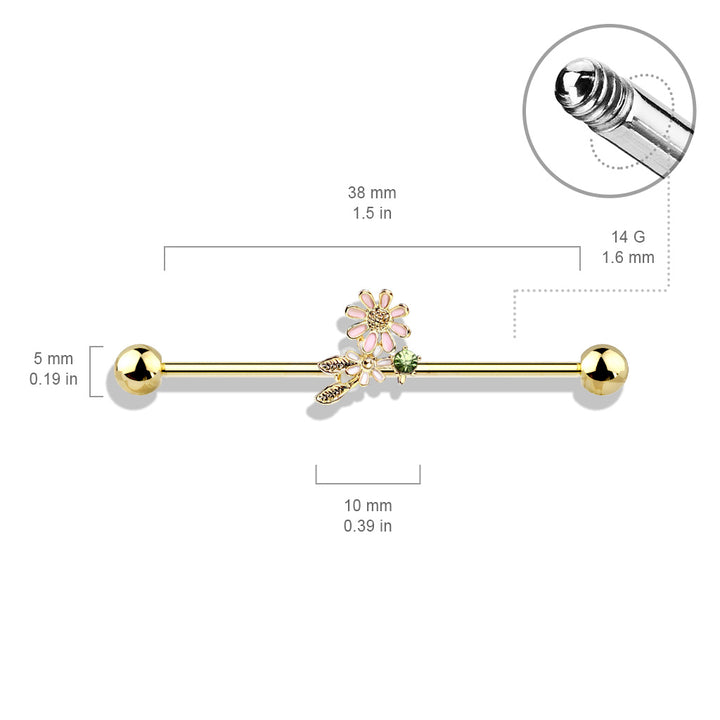 316L Surgical Steel Green CZ Gem With Flowers Industrial Barbell - Pierced Universe