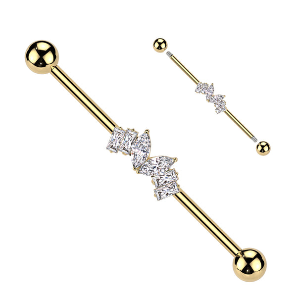 316L Surgical Steel Gold PVD White CZ Marquise & Baguette Gem Industrial Barbell