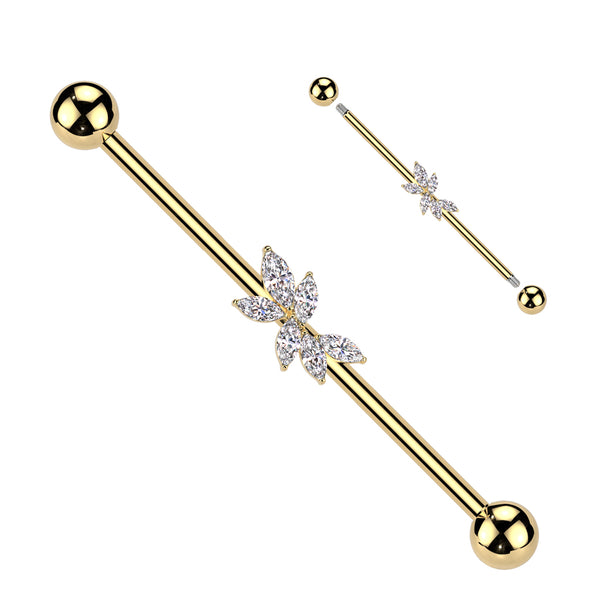 316L Surgical Steel Gold PVD White CZ Marquise Decorative Gem Cluster Industrial Barbell