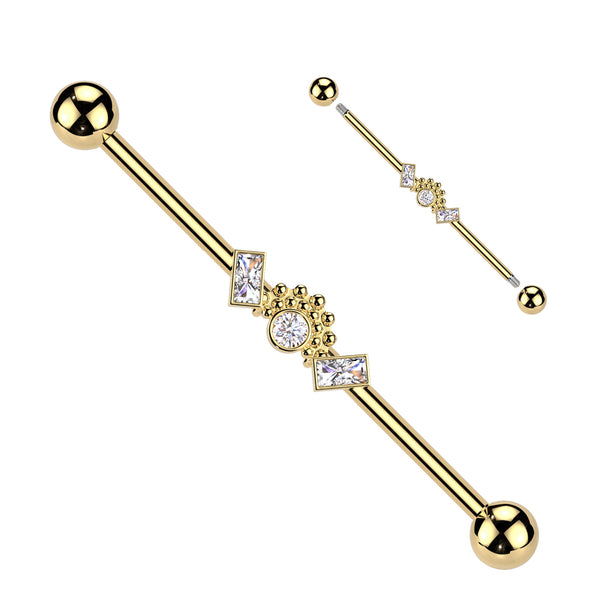 316L Surgical Steel Gold PVD White CZ Baguette Beaded Industrial Barbell