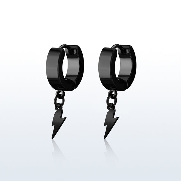 Pair of 316L Surgical Steel Black PVD Bolt of Lightning Dangle Hoop Earrings