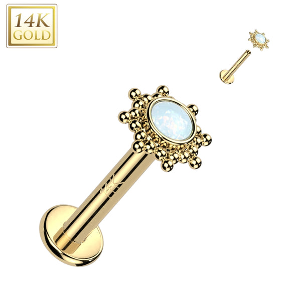 14KT Yellow Gold White Opal Beaded Internally Threaded Flat Back Labret - Pierced Universe