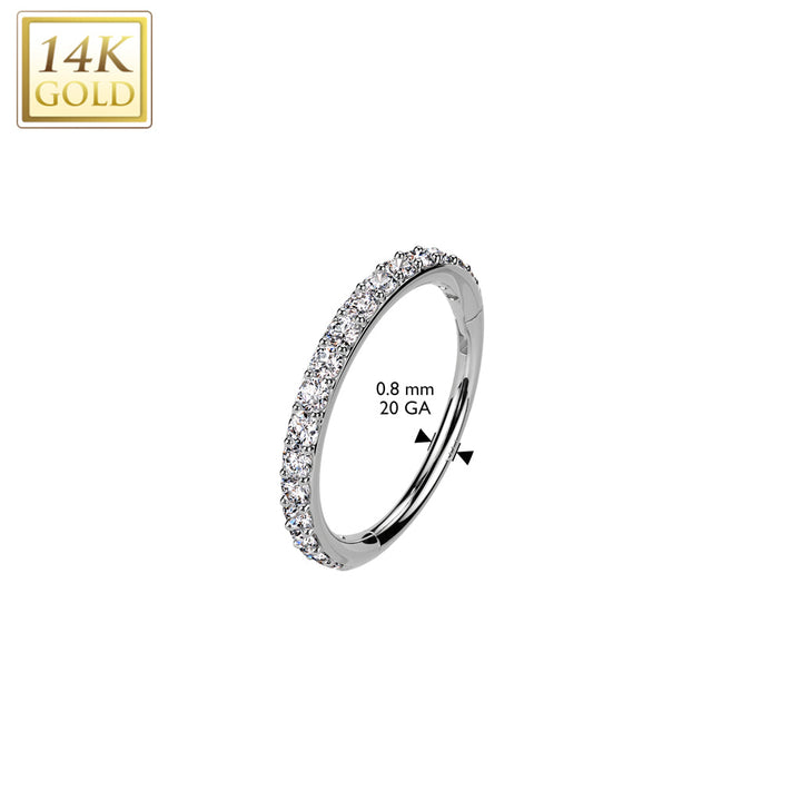 14KT White Gold White CZ Pave Hinged Clicker Nose Hoop - Pierced Universe