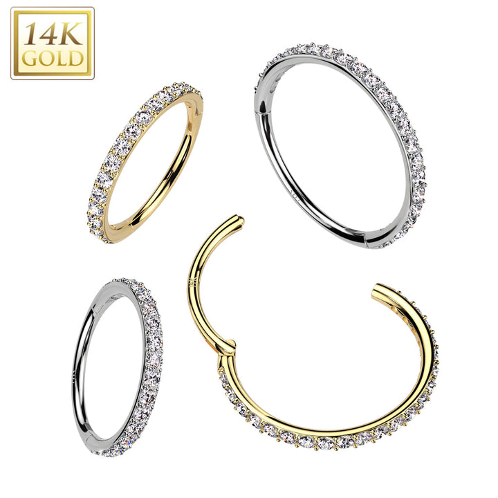 14KT White Gold White CZ Pave Hinged Clicker Nose Hoop - Pierced Universe