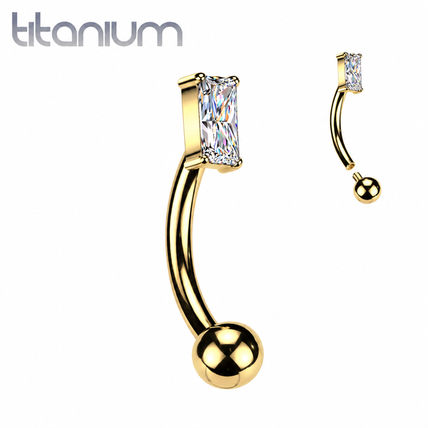 Implant Grade Gold PVD Titanium Curved Barbell with Rectangle CZ Top