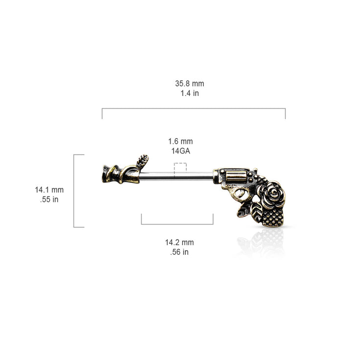 316L Surgical Steel Gold PVD Gun Pistol With Rose Handle Nipple Ring Straight Barbell - Pierced Universe