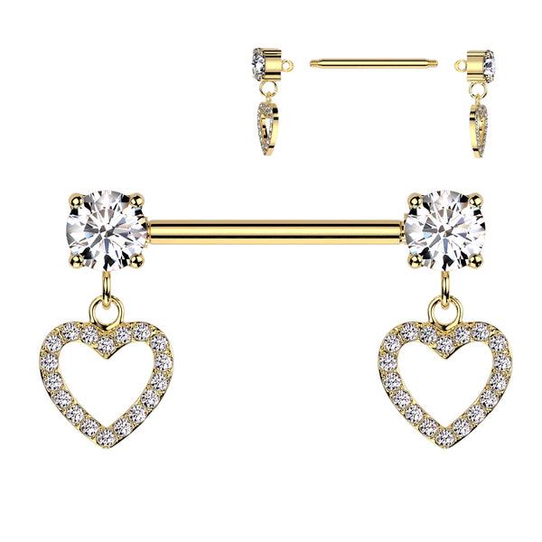 316L Surgical Steel Gold PVD White CZ Heart Outline Dangle Nipple Ring Straight Barbell - Pierced Universe