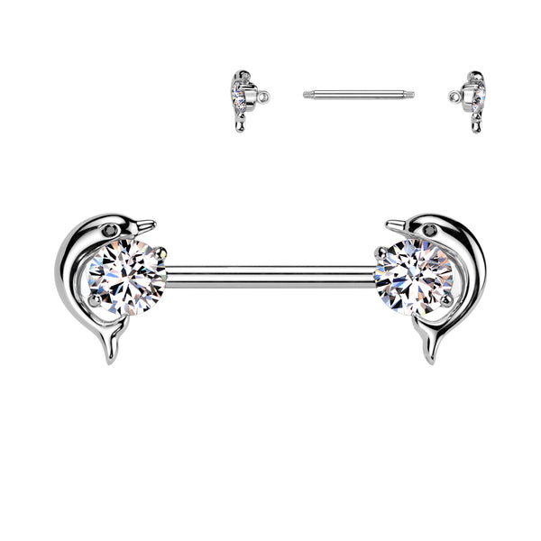 316L Surgical Steel White CZ Dolphin Nipple Ring Straight Barbell