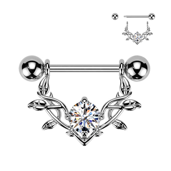 316L Surgical Steel Large White CZ Gem Vine Leaves Shield Nipple Ring Straight Barbell - Pierced Universe