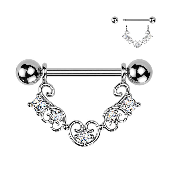 316L Surgical Steel White CZ Filigree Heart Shield Nipple Ring Straight Barbell - Pierced Universe