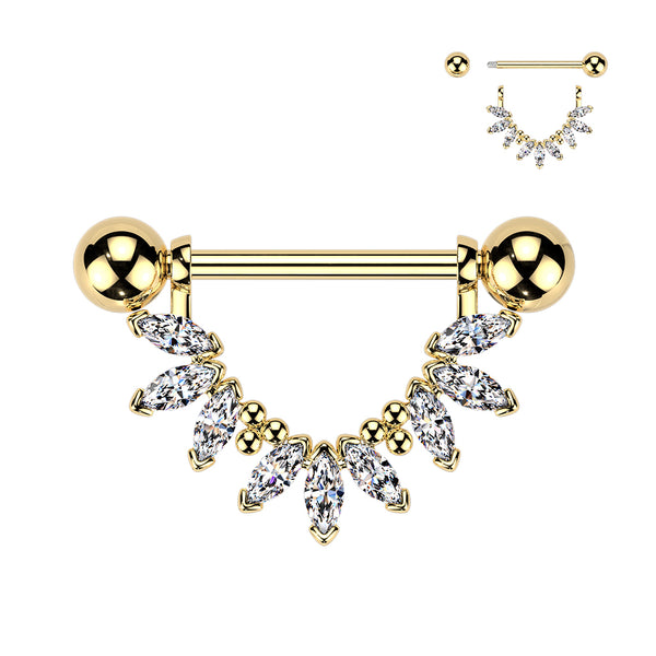 316L Surgical Steel Gold PVD White CZ Marquise Beaded Design Nipple Shield Straight Barbell - Pierced Universe