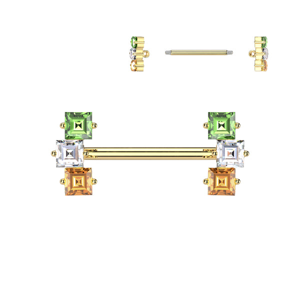 316L Surgical Steel Gold PVD Green White & Orange Straight Barbell Nipple Ring - Pierced Universe