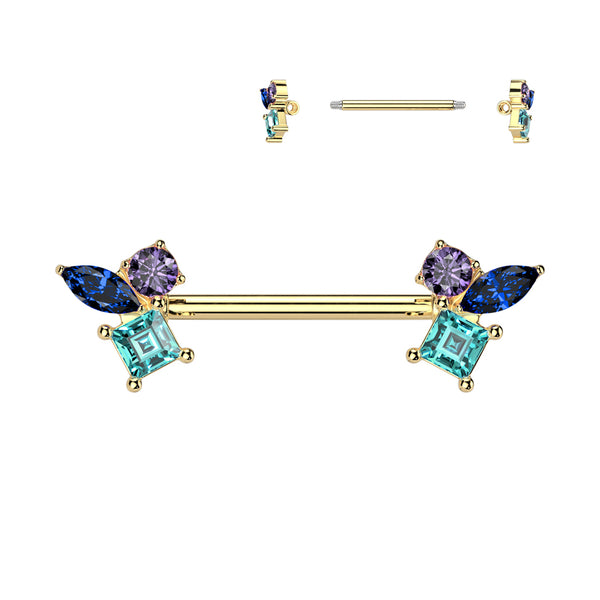 316L Surgical Steel Gold PVD Blue Aqua & Purple CZ Cluster Straight Barbell Nipple Ring