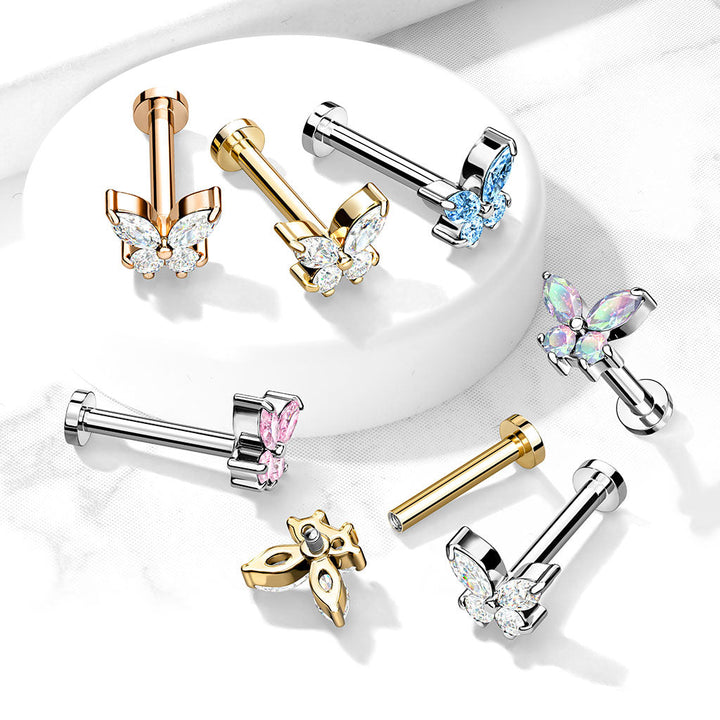 316L Surgical Steel Rose Gold PVD White CZ Dainty Butterfly Flat Back Labret - Pierced Universe