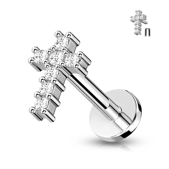 316L Surgical Steel White CZ Dainty Internally Threaded Cross Flat Back Labret - Pierced Universe