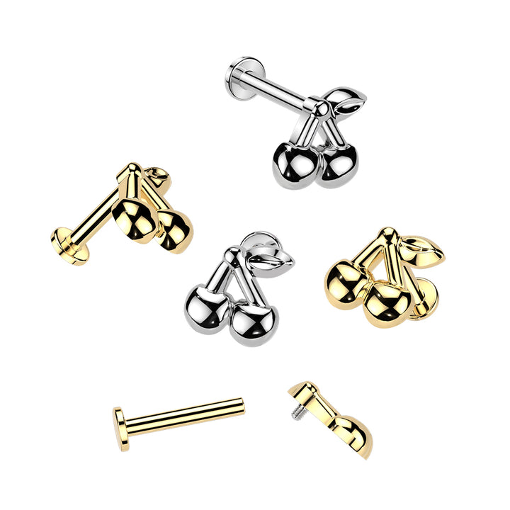 316L Surgical Steel Gold PVD Large Cherry Internally Threaded Flat Back Labret - Pierced Universe