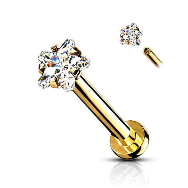 316L Surgical Steel Gold PVD White CZ Star Internally Threaded Flat Back Labret - Pierced Universe