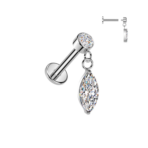 316L Surgical Steel White CZ Marquise Dangle Internally Threaded Flat Back Labret