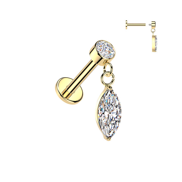 316L Surgical Steel Gold PVD White CZ Marquise Dangle Internally Threaded Flat Back Labret