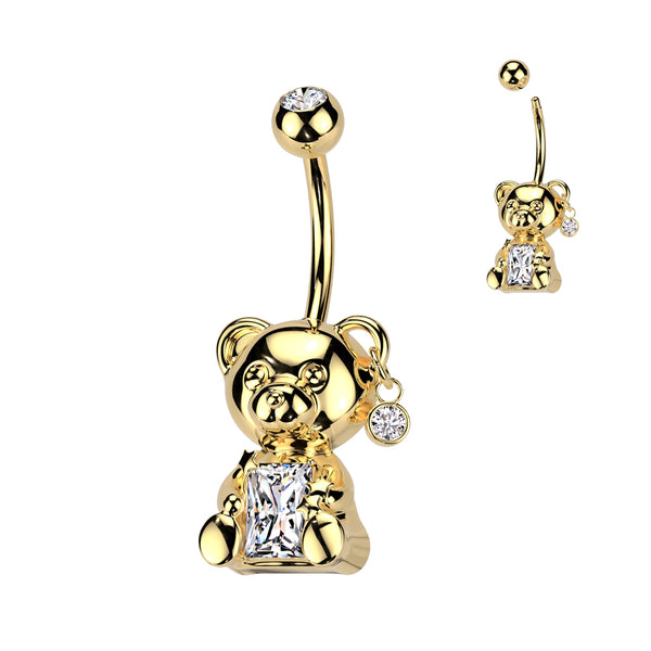 316L Surgical Steel Gold PVD White CZ Clawed Teddy Bear Belly Ring