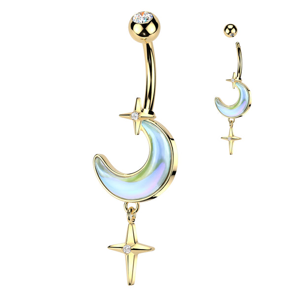 316L Surgical Steel Gold PVD Iridescent White CZ Crescent Moon Dangle Belly Ring