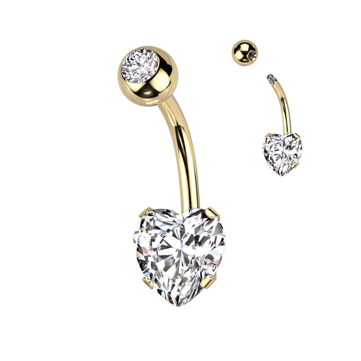 316L Surgical Steel Gold PVD White CZ Heart Shaped Non Dangle Belly Ring - Pierced Universe