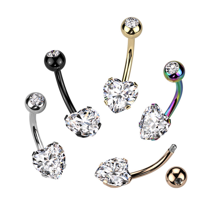 316L Surgical Steel Black PVD White CZ Heart Shaped Non Dangle Belly Ring - Pierced Universe