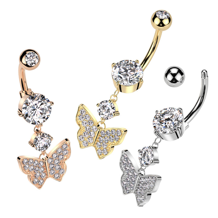 316L Surgical Steel White CZ Gem Butterfly Dangle Belly Ring - Pierced Universe