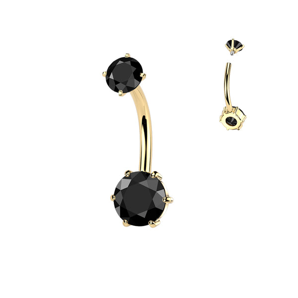 316L Surgical Steel Gold PVD Black CZ Internally Threaded 6 Prong Classic Circle Belly Ring - Pierced Universe