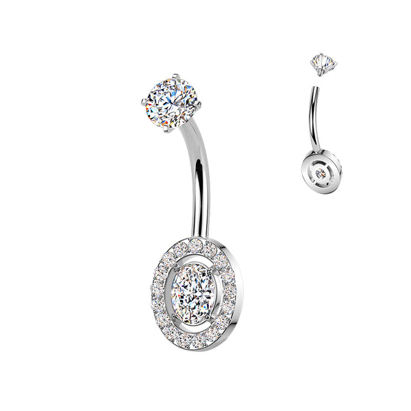 316L Surgical Steel White CZ Oval Pave Gem Internally Threaded Belly Ring - Pierced Universe