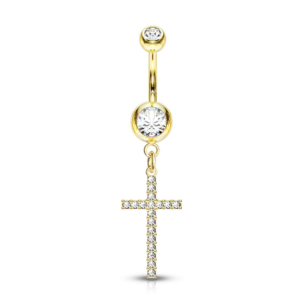 316L Surgical Steel Gold PVD White CZ Thin Cross Dangly Belly Ring