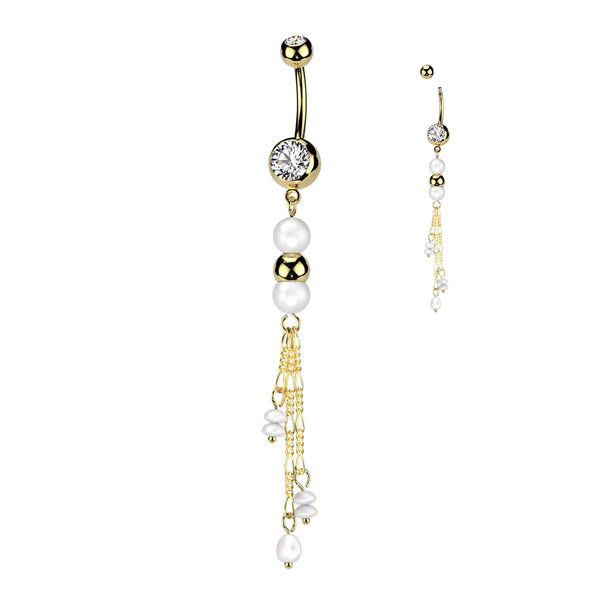 316L Surgical Steel Gold PVD White Pearl Gold Bead Dangly Belly Ring