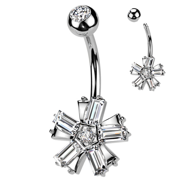 316L Surgical Steel White CZ Baguette 5 Petal Flower Belly Ring