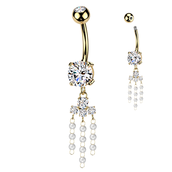 316L Surgical Steel Gold PVD White CZ & Pearl Dangle Belly Ring - Pierced Universe