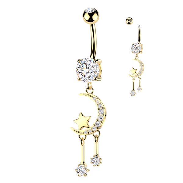 316L Surgical Steel Gold PVD White CZ Crescent Moon And Star Gem Dangle Belly Ring