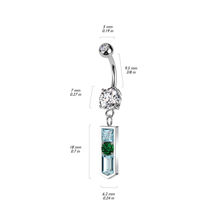 316L Surgical Steel White CZ Gem Ball with Pointed Aqua and Green Dangle Belly Ring - Pierced Universe