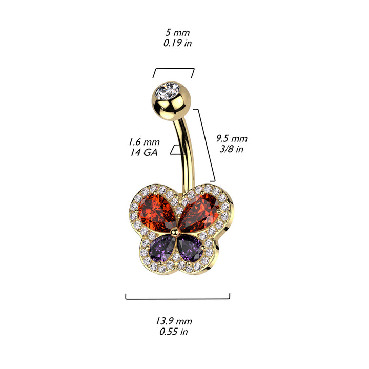 316L Surgical Steel Red Purple Butterfly White CZ Pave Gem Belly Ring - Pierced Universe