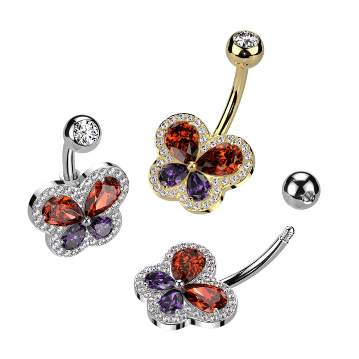 316L Surgical Steel Gold PVD Red Purple Butterfly White CZ Pave Gem Belly Ring - Pierced Universe