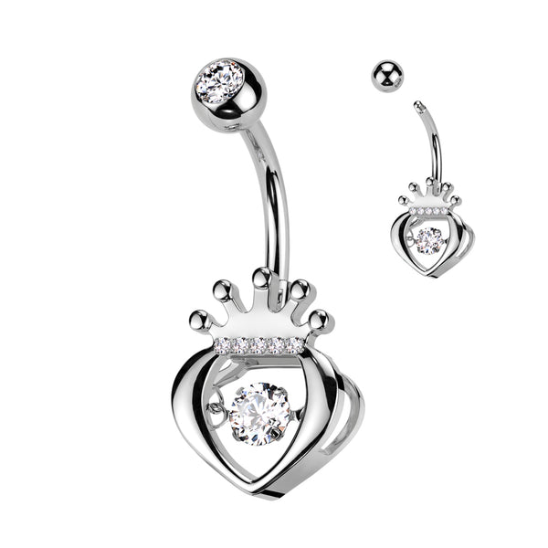 316L Surgical Steel White CZ Claddagh Crown Heart Shaped Belly Ring - Pierced Universe