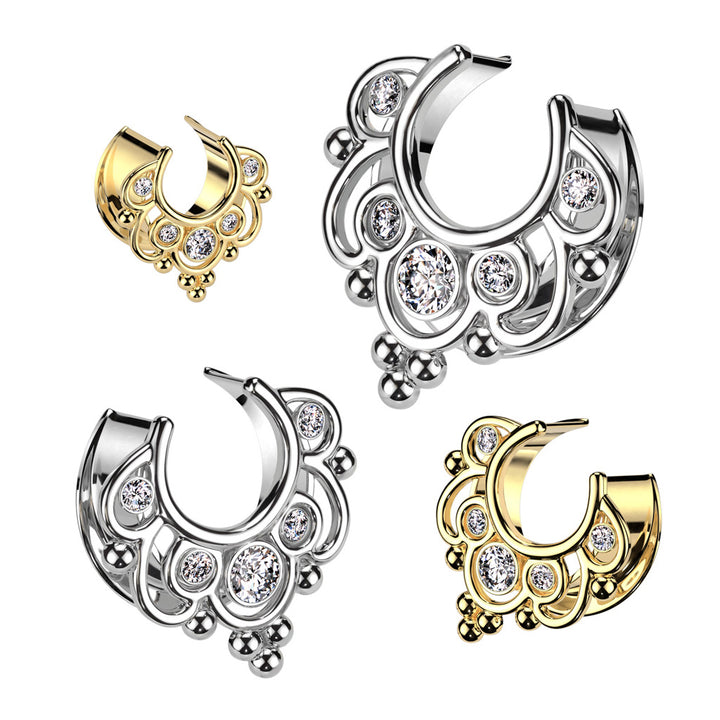 316L Surgical Steel White CZ Beaded Floral Design Double Flared Half Saddle Ear Tunnels - Pierced Universe