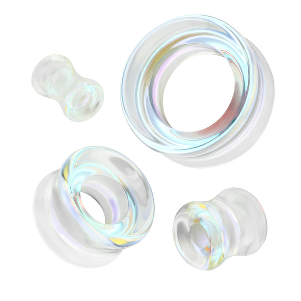 Clear Iridescent Glass Double Flared Saddle Tunnels - Pierced Universe