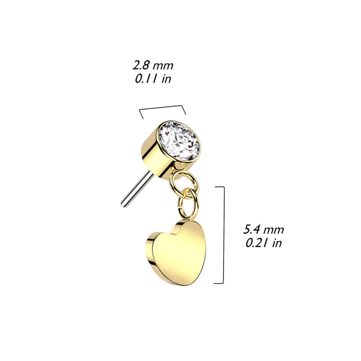 Implant Grade Titanium Gold PVD White CZ Heart Dangle Threadless Push In Labret - Pierced Universe