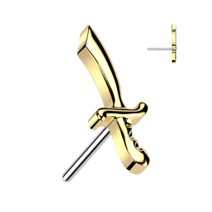 Implant Grade Titanium Gold PVD Threadless Push In Dainty Sword Dagger Top Labret With Flat Back - Pierced Universe