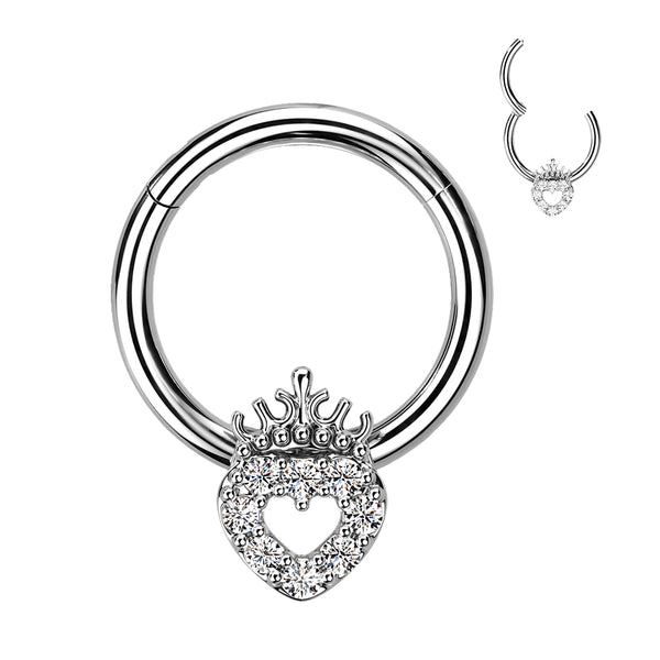 316L Surgical Steel White CZ Heart With Crown Hinged Clicker Hoop