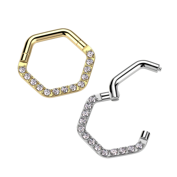 316L Surgical Steel Gold PVD White CZ Pave Hexagon Helix Hinged Clicker Hoop - Pierced Universe