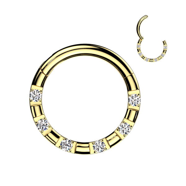 316L Surgical Steel Gold PVD 5 Gem White CZ Hinged Clicker Hoop