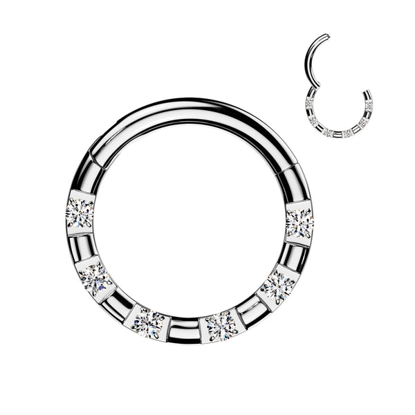 316L Surgical Steel 5 Gem White CZ Hinged Clicker Hoop