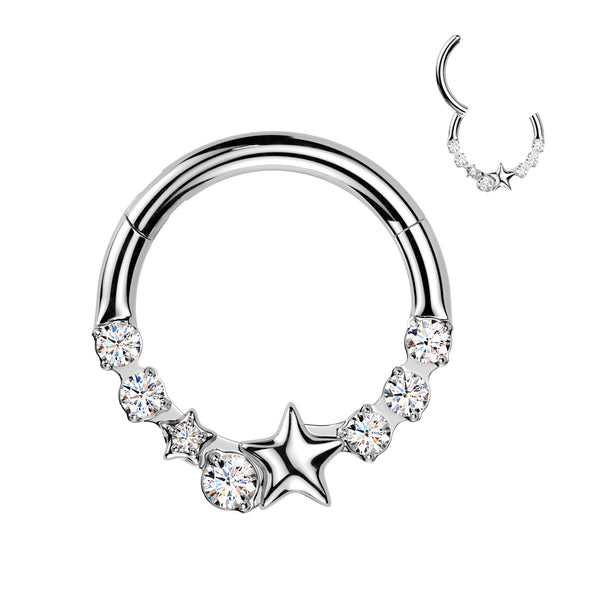 316L Surgical Steel White CZ Dainty Star Hinged Clicker Hoop