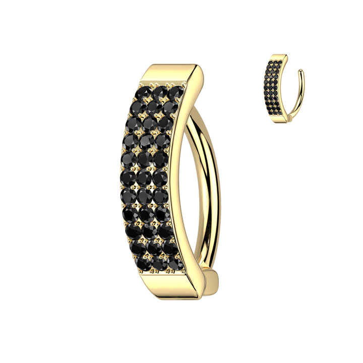 316L Surgical Steel Gold PVD Black CZ Wide Triple Line Pave Hinged Clicker Belly Ring - Pierced Universe