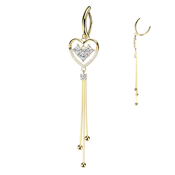 316L Surgical Steel Gold PVD White CZ Square Gem Heart Dangle Hinged Clicker Belly Ring